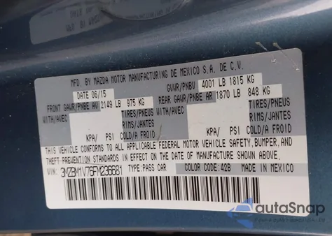 2015 Mazda Mazda3 I Touring из США, поврежденный, VIN 3MZBM1V76FM236681